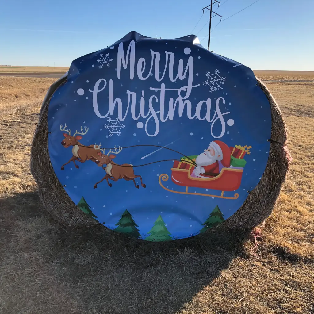 [HBB-D00200-V2-G12-WP2] Merry Christmas with Santa & Sleigh HayBoard Banner - 62.5" x 62.5" ((12) 12" Mounting Stakes + Blizzard Strap Kit (6) Straps with (6) Mounting Stakes)