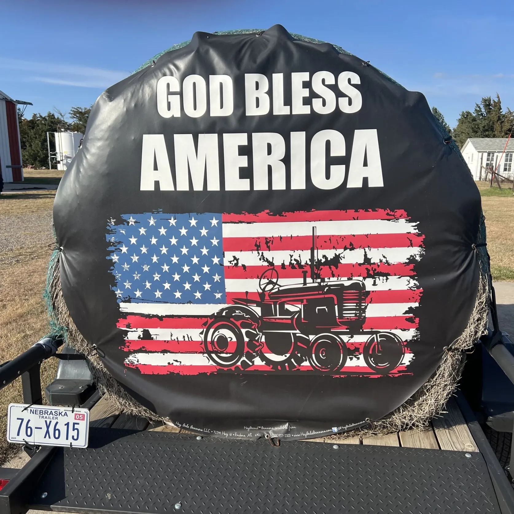 [HBB-D00212-V2-G12-WP2] God Bless America with USA Flag & Tractor HayBoard Banner - 62.5" x 62.5" ((12) 12" Mounting Stakes + Blizzard Strap Kit (6) Straps with (6) Mounting Stakes)