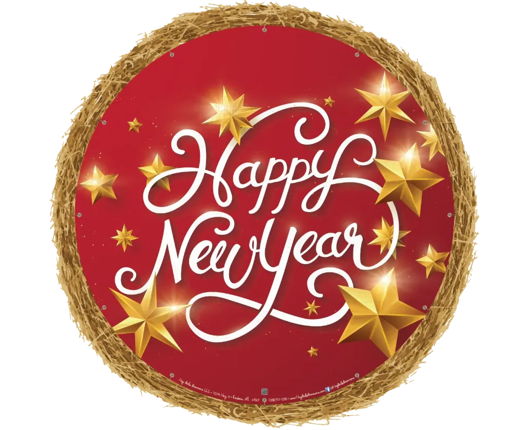 [HBB-D00210-V1-G12-WP2] Happy New Year - Red Background with Stars - HayBoard Banner - 62.5" x 62.5" ((12) 12" Mounting Stakes + Blizzard Strap Kit (6) Straps with (6) Mounting Stakes)