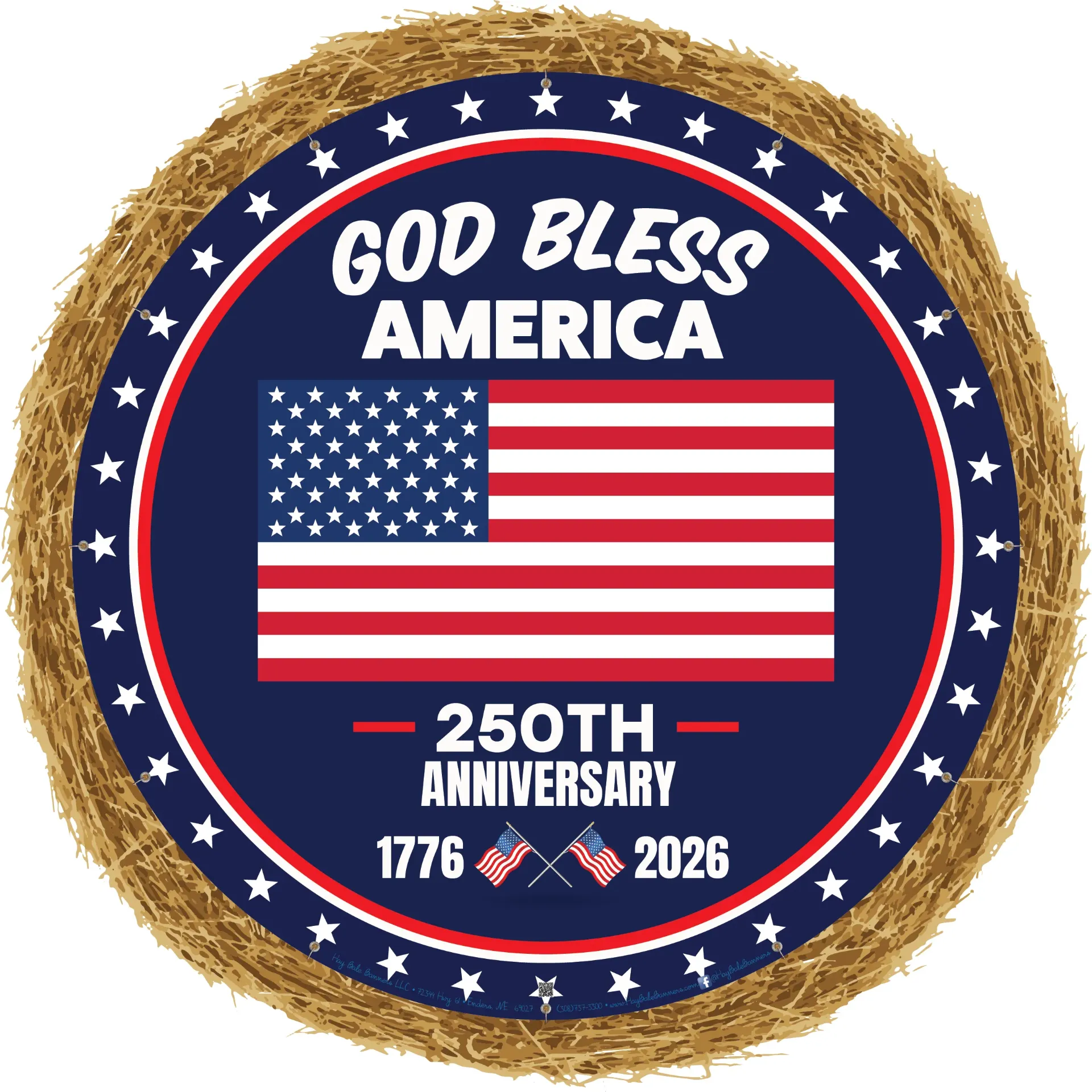 God Bless America - 250th Anniversary with American Flag HayBoard Banner - 62.5" x 62.5"